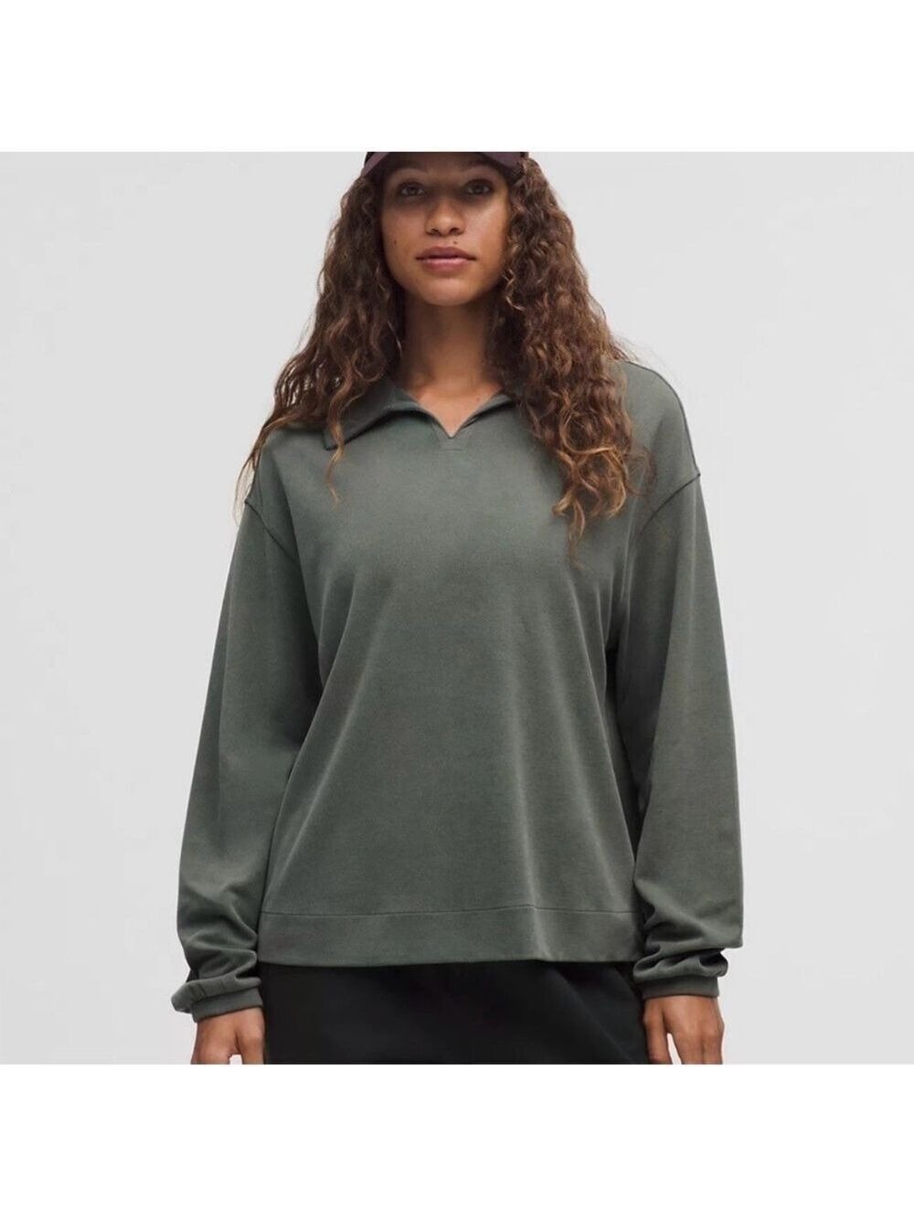 Lululemon Softstreme Pique Oversized Long Sleeve Polo Shirt Palm Deco Green L - Picture 5 of 11